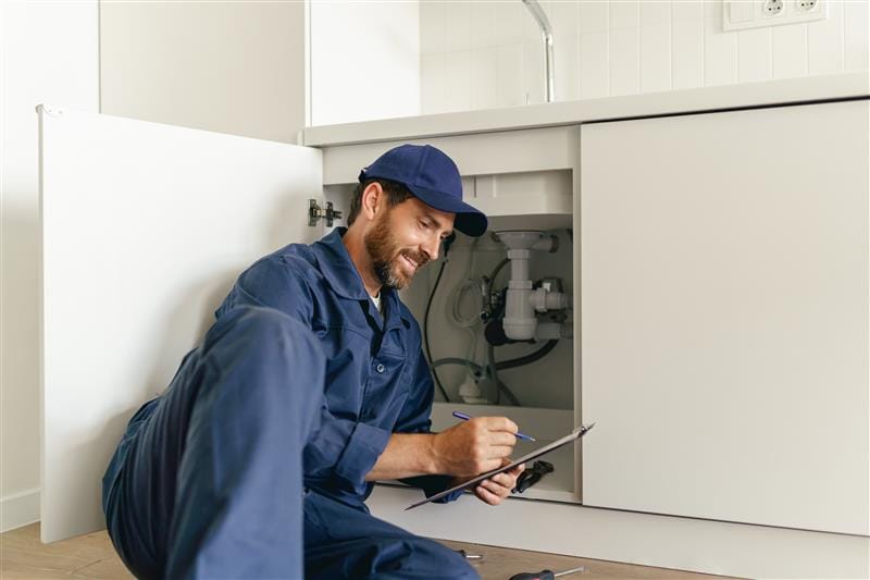 Residential plumber reviewing plumbing repairs in a Orlando kitchen