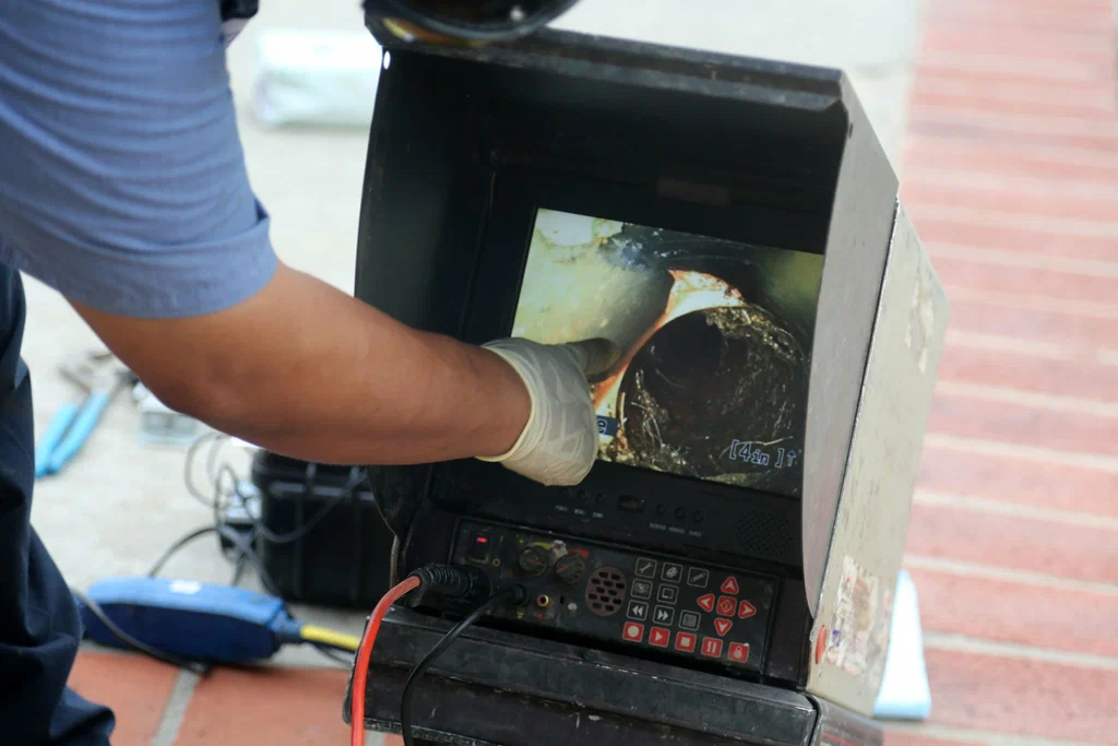 Technician viewing a drain inspection camera in Orlando