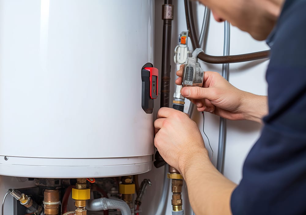 Technician repairing pipes connected to a water heater in Orlando
